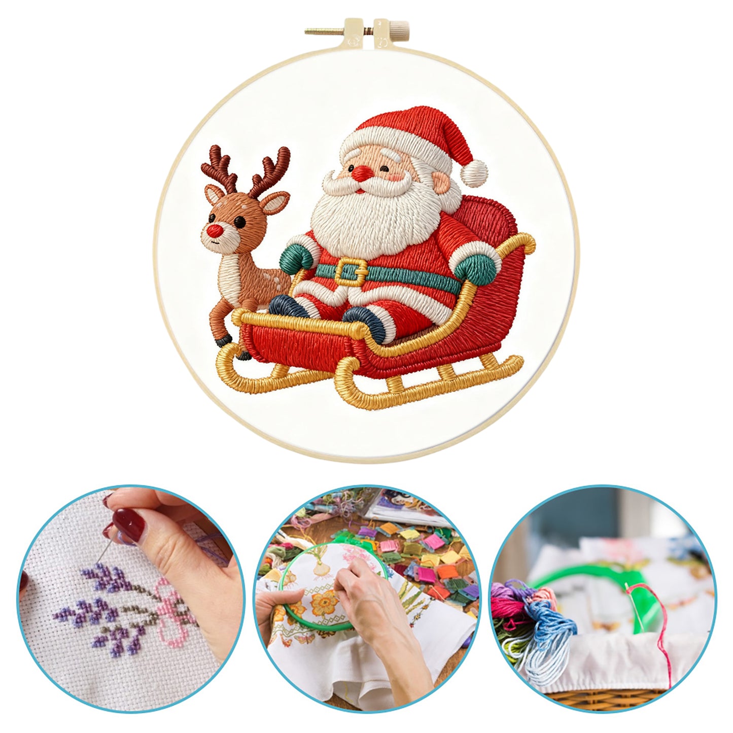 Christmas - DIY Embroidery Cross Stitch Kit with Pattern Cotton Threads Needles Hoop 29x29CM/11.42x11.42in