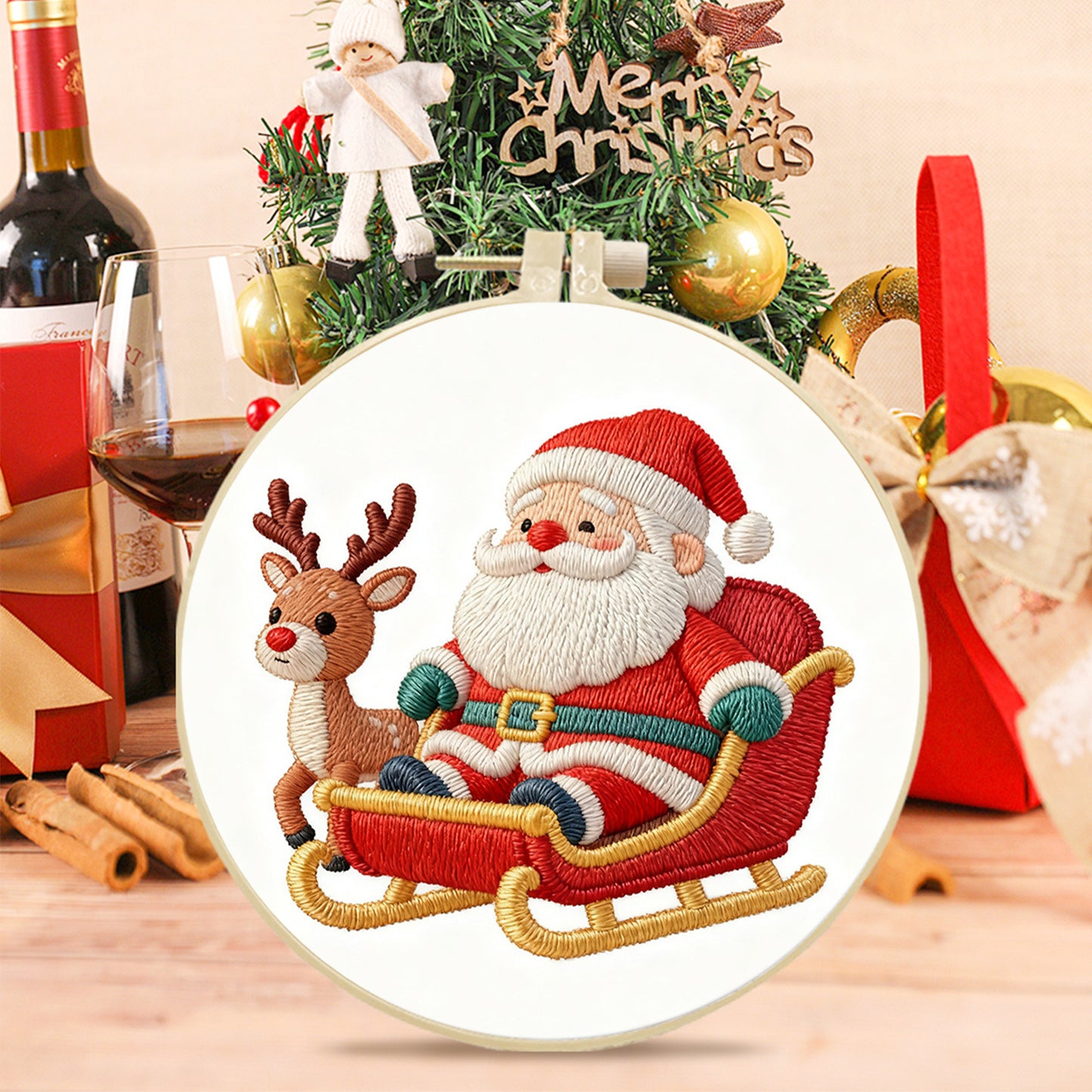 Christmas - DIY Embroidery Cross Stitch Kit with Pattern Cotton Threads Needles Hoop 29x29CM/11.42x11.42in
