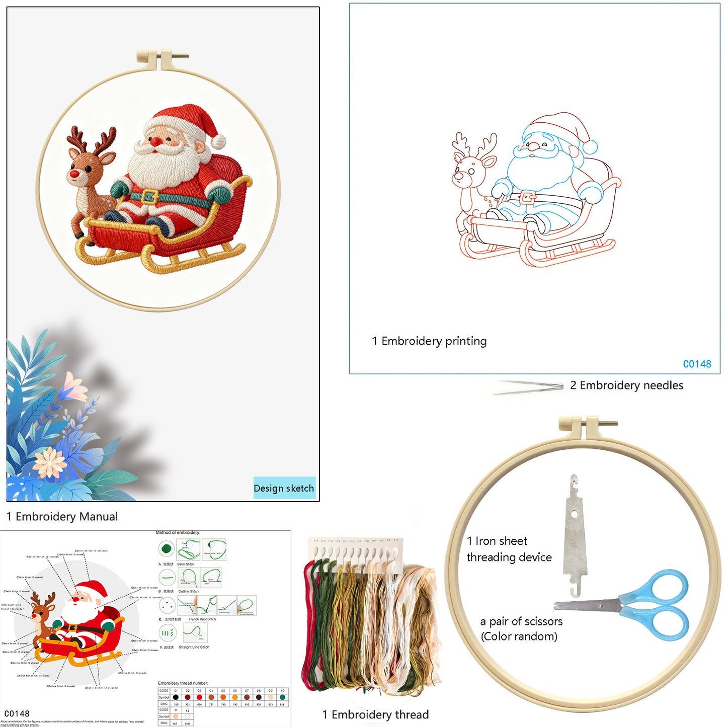 Christmas - DIY Embroidery Cross Stitch Kit with Pattern Cotton Threads Needles Hoop 29x29CM/11.42x11.42in