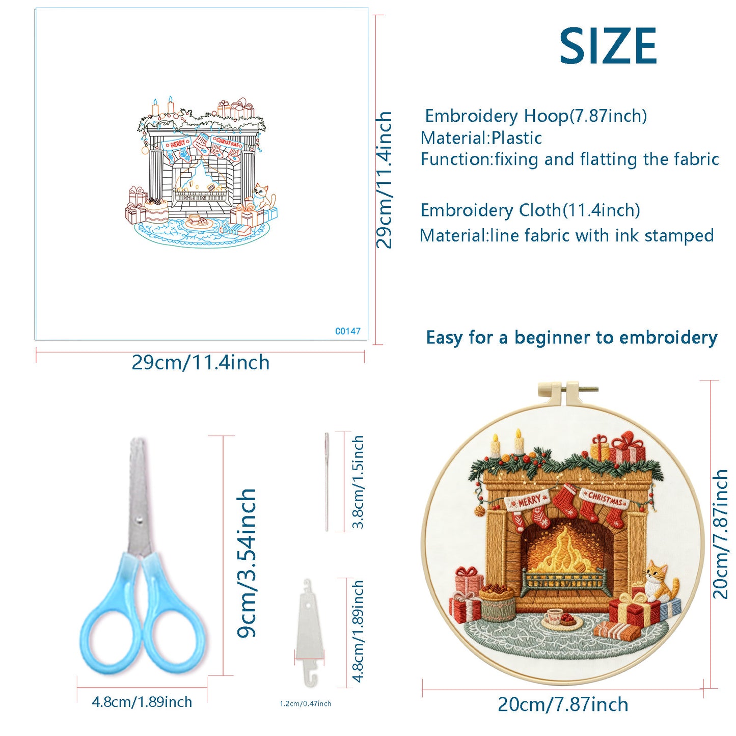 Christmas - DIY Embroidery Cross Stitch Kit with Pattern Cotton Threads Needles Hoop 29x29CM/11.42x11.42in
