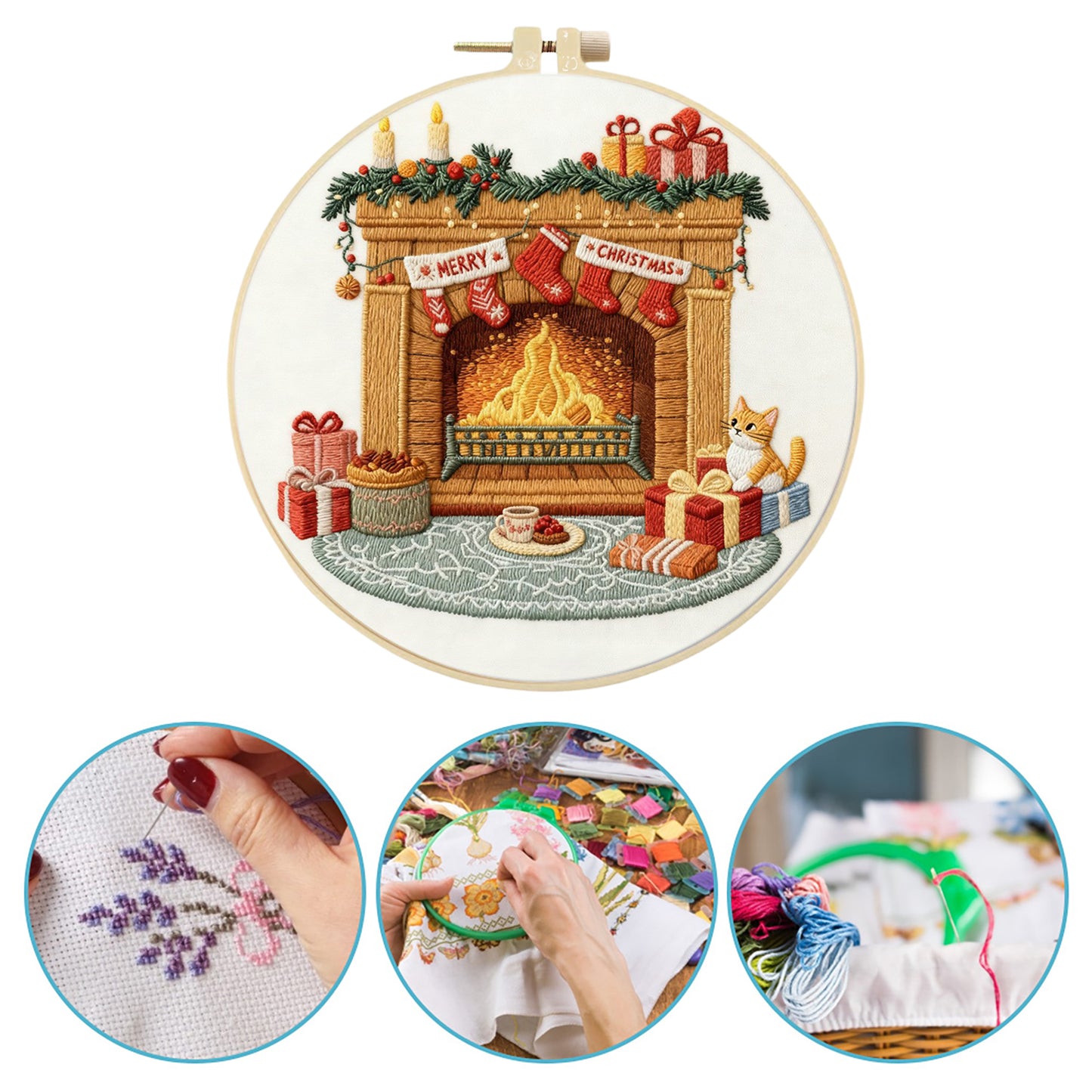 Christmas - DIY Embroidery Cross Stitch Kit with Pattern Cotton Threads Needles Hoop 29x29CM/11.42x11.42in