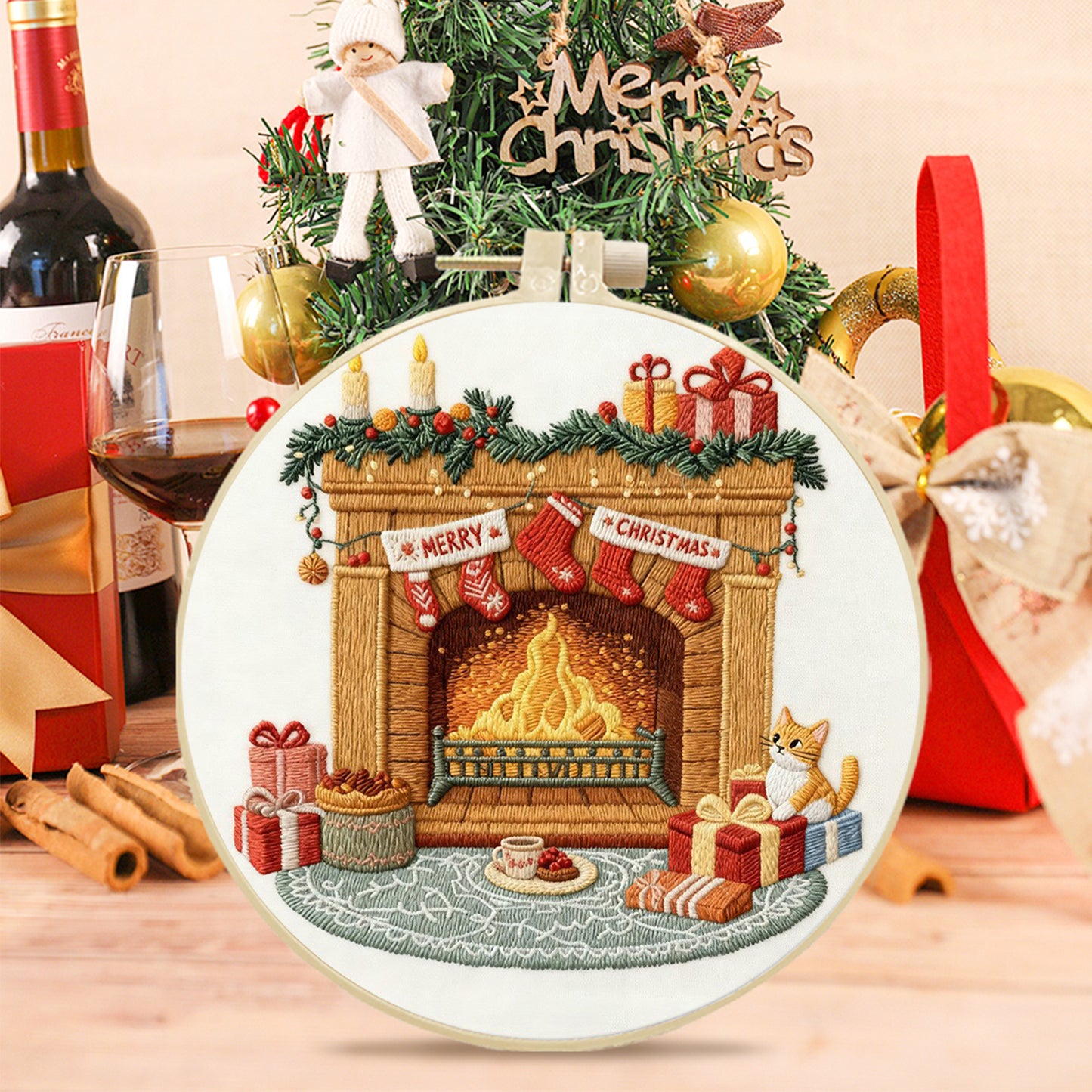 Christmas - DIY Embroidery Cross Stitch Kit with Pattern Cotton Threads Needles Hoop 29x29CM/11.42x11.42in