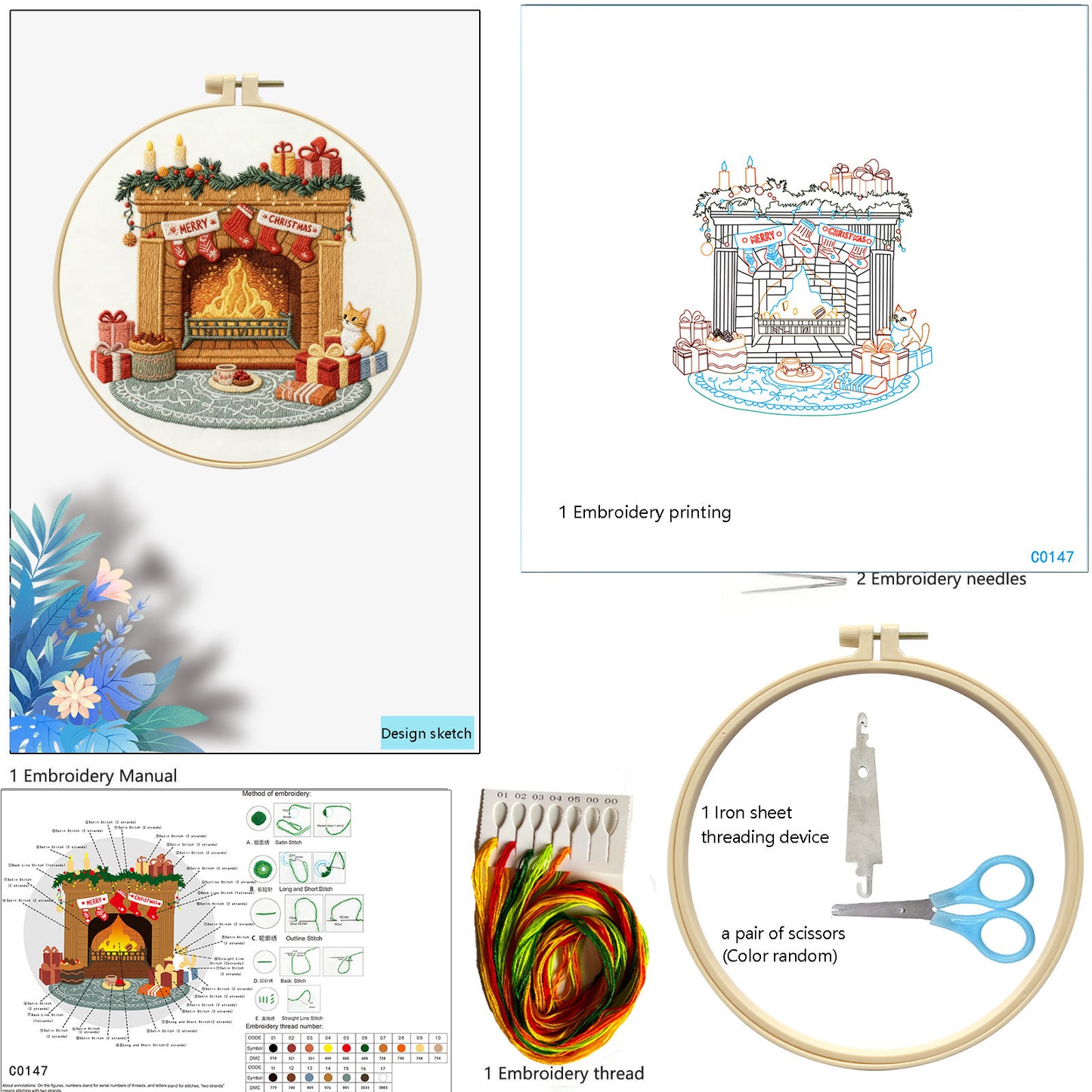 Christmas - DIY Embroidery Cross Stitch Kit with Pattern Cotton Threads Needles Hoop 29x29CM/11.42x11.42in
