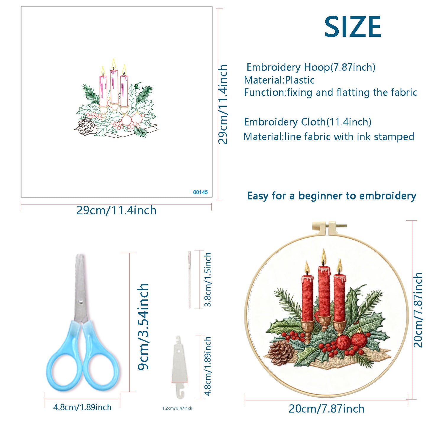 Christmas - DIY Embroidery Cross Stitch Kit with Pattern Cotton Threads Needles Hoop 29x29CM/11.42x11.42in