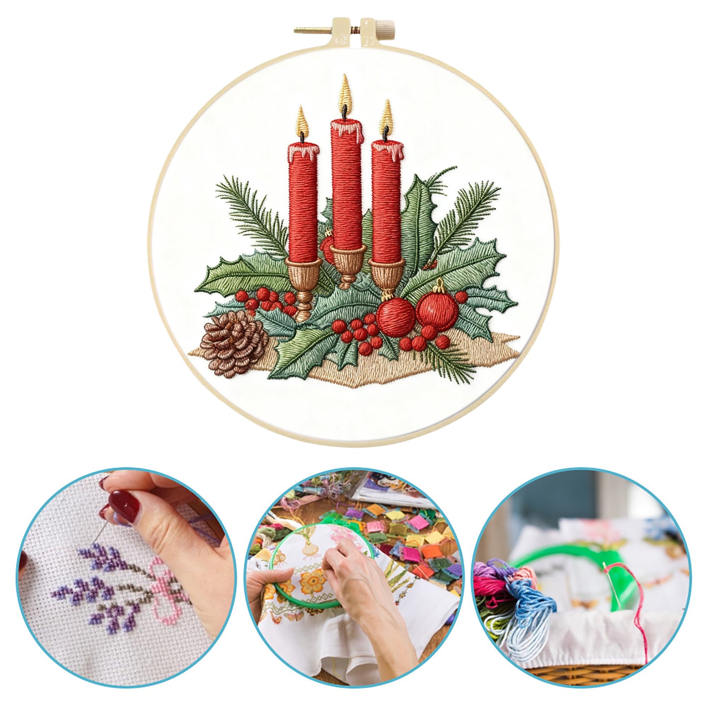 Christmas - DIY Embroidery Cross Stitch Kit with Pattern Cotton Threads Needles Hoop 29x29CM/11.42x11.42in