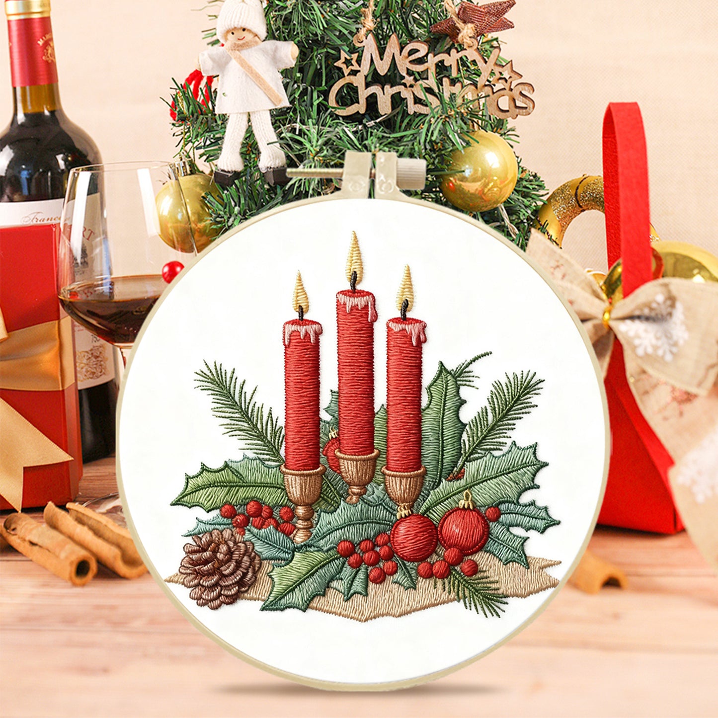 Christmas - DIY Embroidery Cross Stitch Kit with Pattern Cotton Threads Needles Hoop 29x29CM/11.42x11.42in