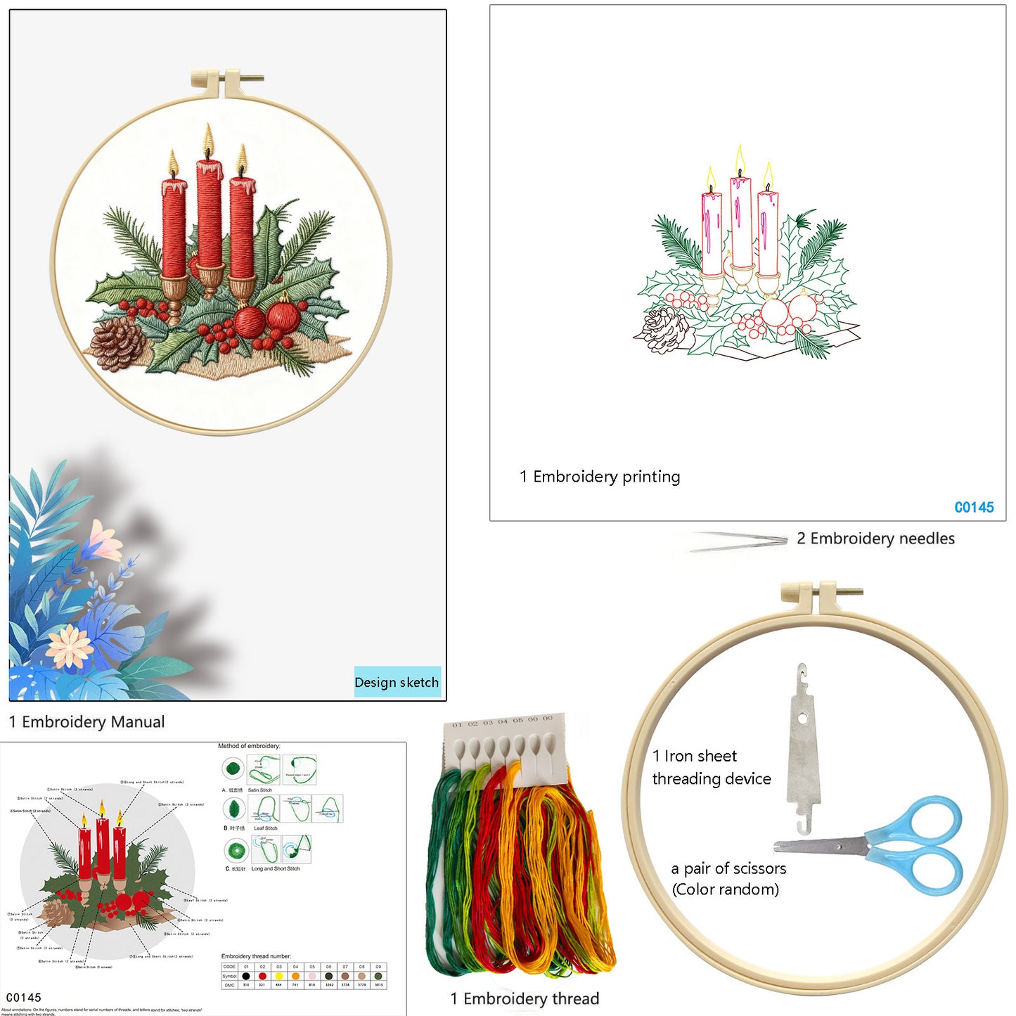 Christmas - DIY Embroidery Cross Stitch Kit with Pattern Cotton Threads Needles Hoop 29x29CM/11.42x11.42in