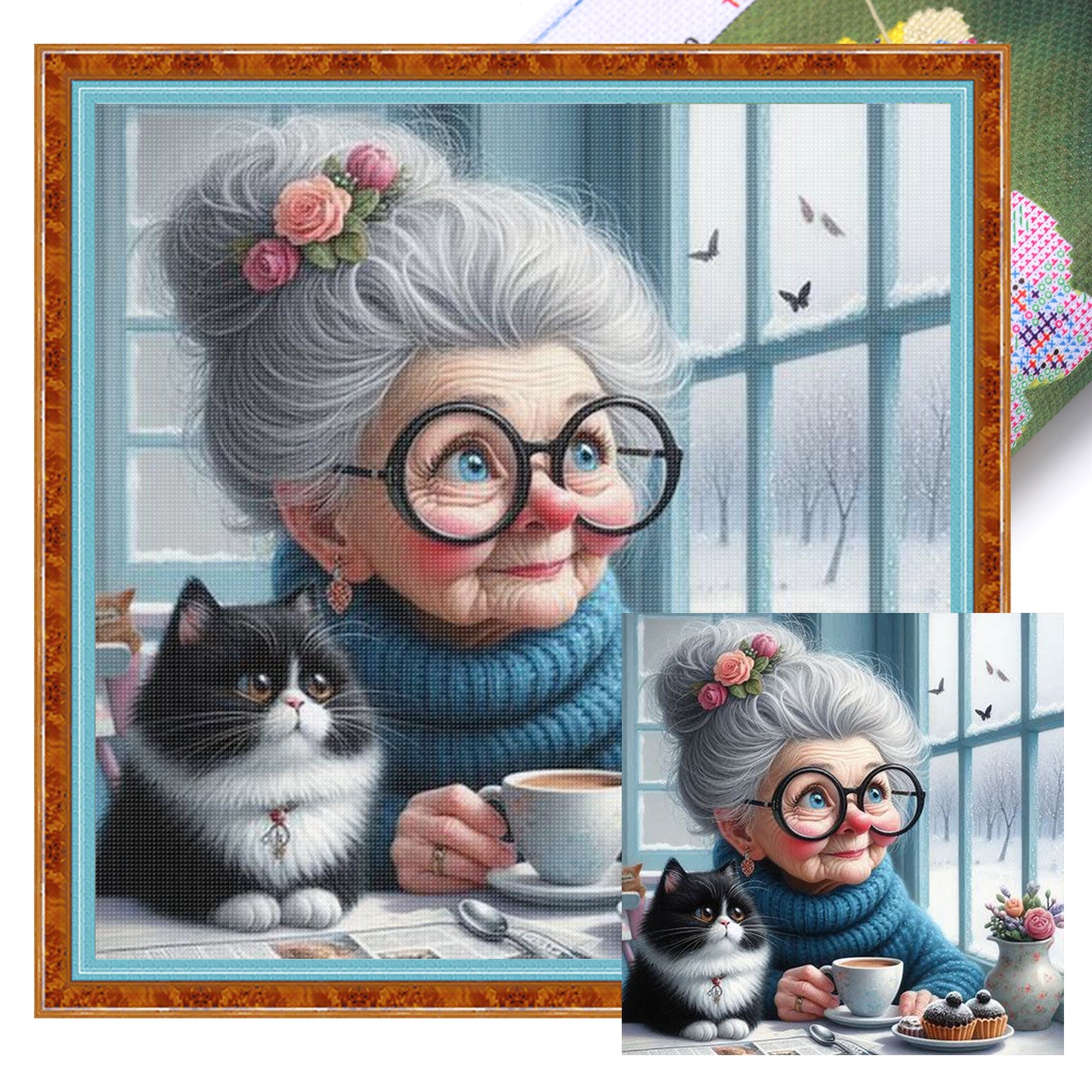 Grandma And Cat By The Window - Full 11CT Stamped Cross Stitch 45x45CM - Huacan