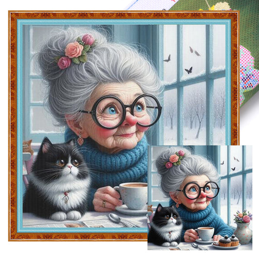 Grandma And Cat By The Window - Full 11CT Stamped Cross Stitch 45x45CM - Huacan