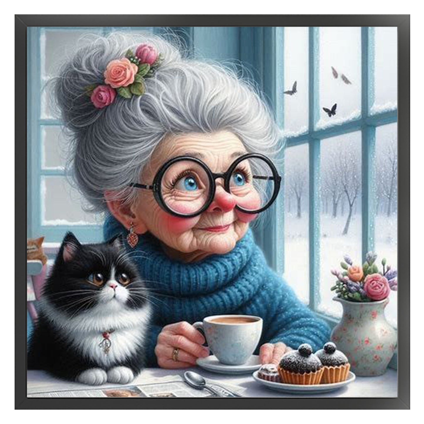 Grandma And Cat By The Window - Full 11CT Stamped Cross Stitch 45x45CM - Huacan