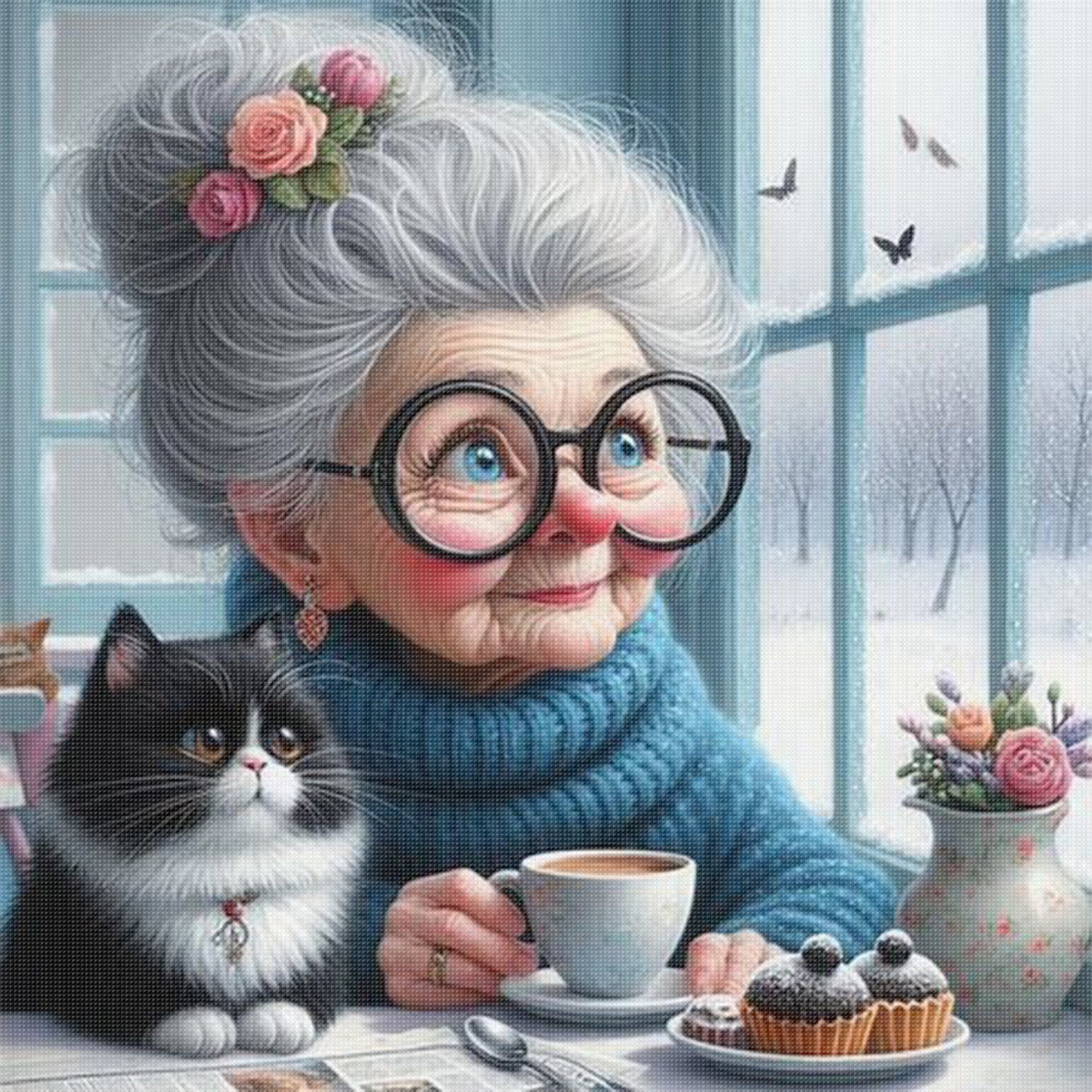 Grandma And Cat By The Window - Full 11CT Stamped Cross Stitch 45x45CM - Huacan