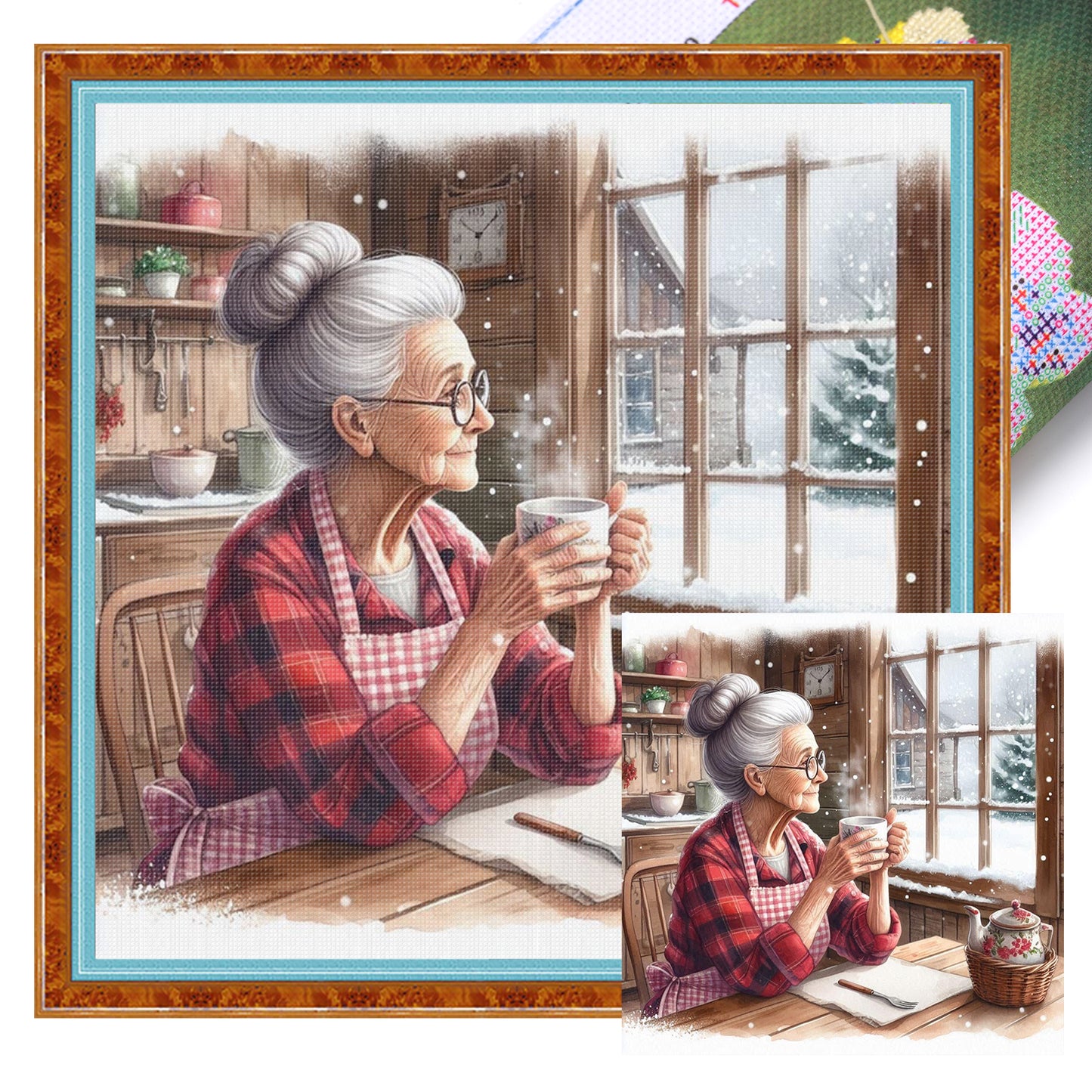Grandma Drinking Tea By The Window - Full 11CT Stamped Cross Stitch 45x45CM - Huacan