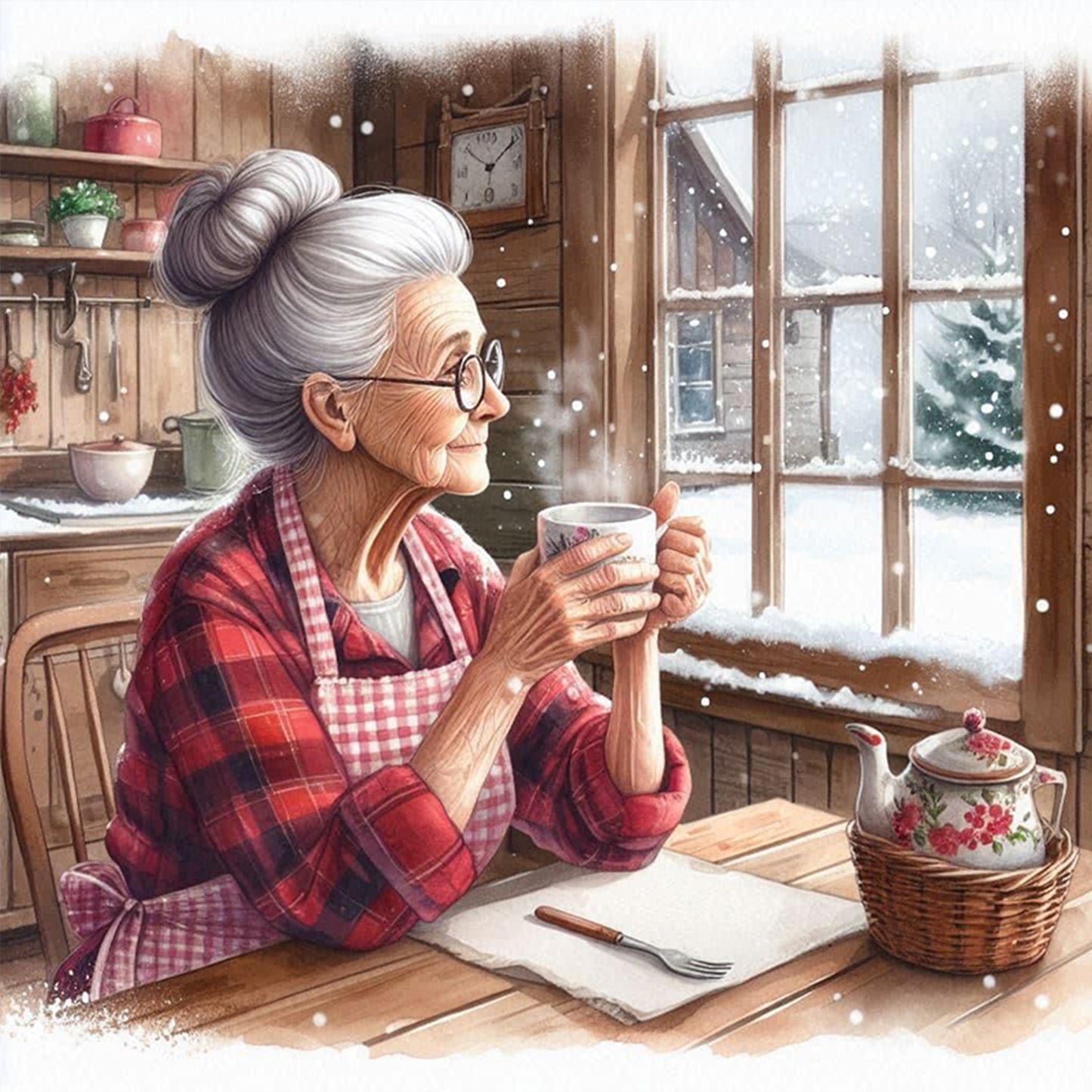 Grandma Drinking Tea By The Window - Full 11CT Stamped Cross Stitch 45x45CM - Huacan