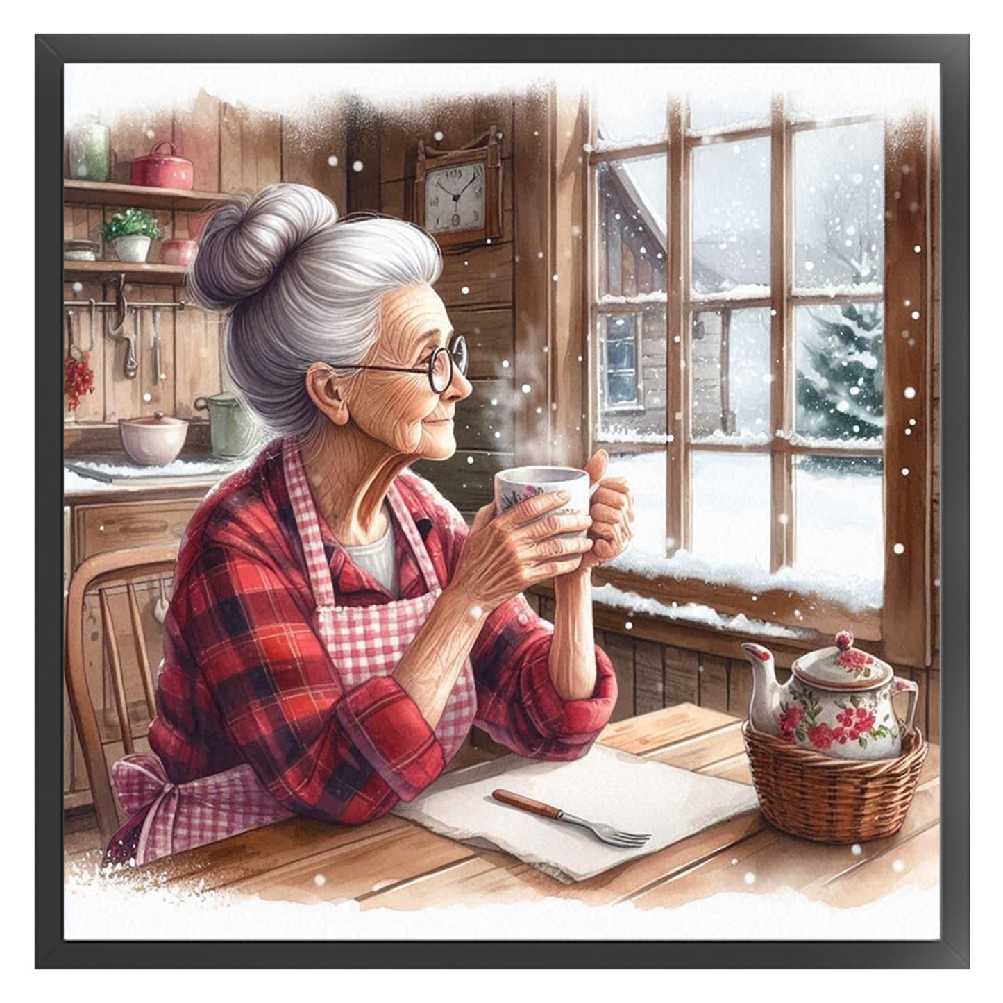 Grandma Drinking Tea By The Window - Full 11CT Stamped Cross Stitch 45x45CM - Huacan
