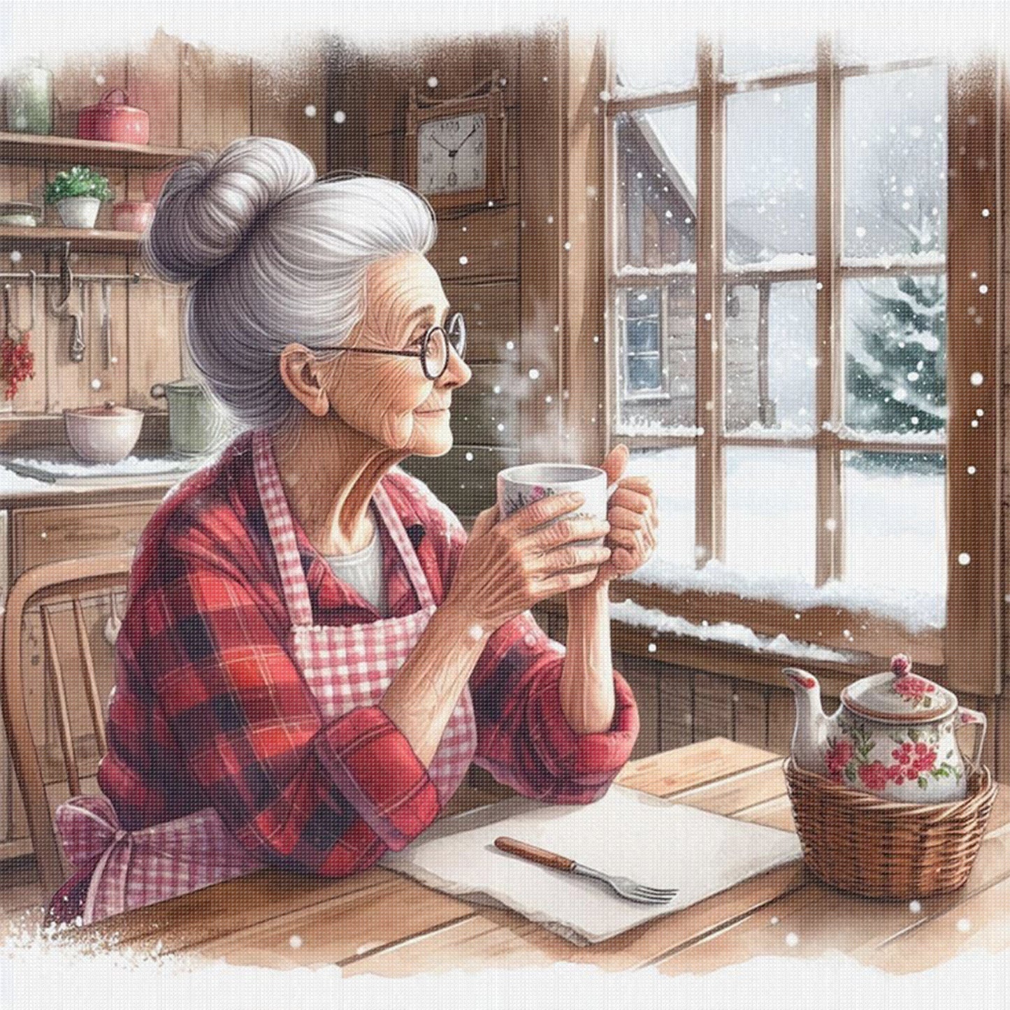 Grandma Drinking Tea By The Window - Full 11CT Stamped Cross Stitch 45x45CM - Huacan