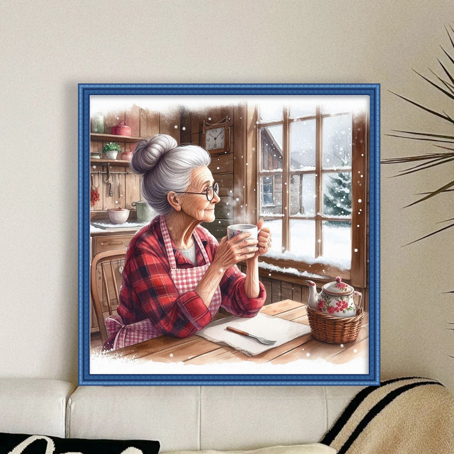 Grandma Drinking Tea By The Window - Full 11CT Stamped Cross Stitch 45x45CM - Huacan