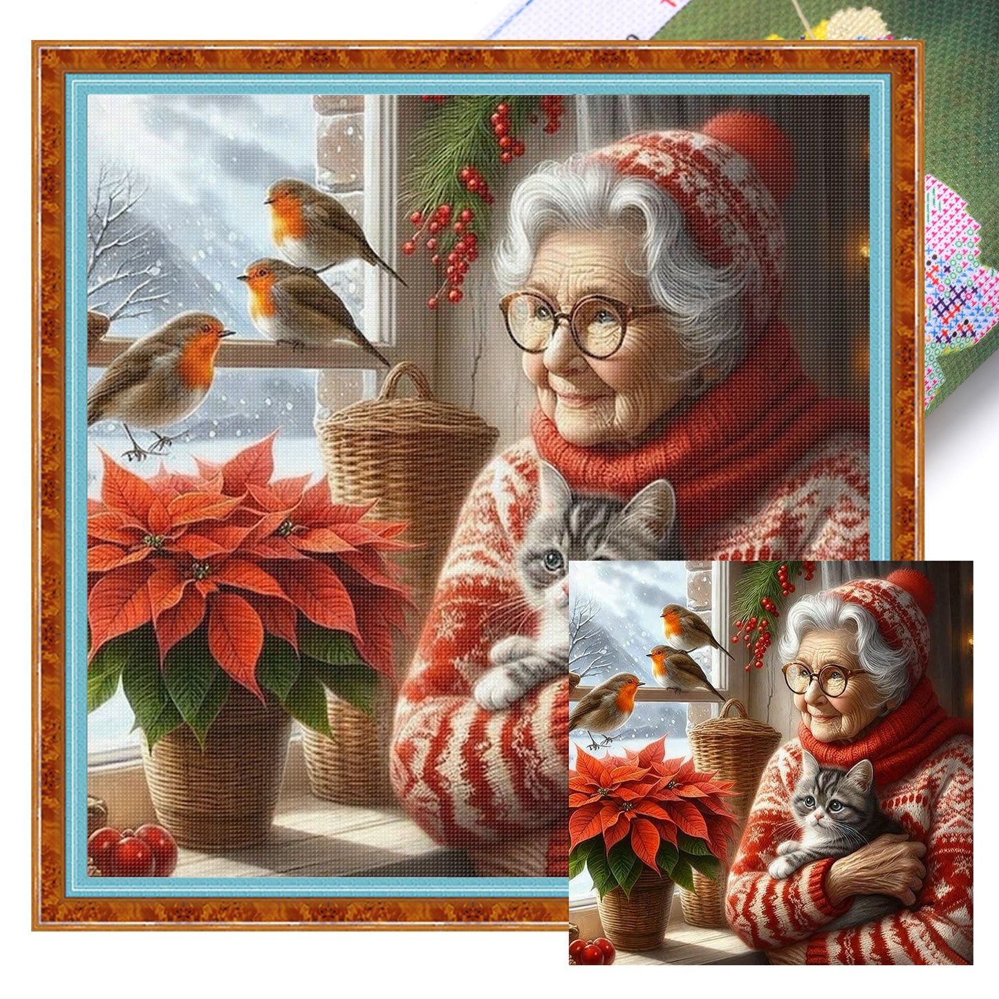 Grandma Holding Cat On The Bed - Full 11CT Stamped Cross Stitch 45x45CM - Huacan