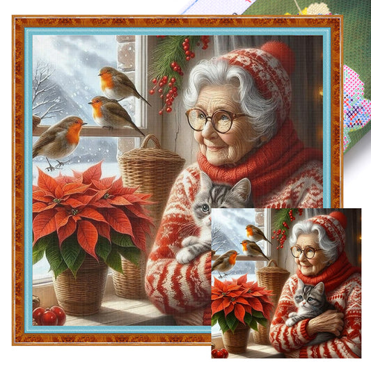 Grandma Holding Cat On The Bed - Full 11CT Stamped Cross Stitch 45x45CM - Huacan