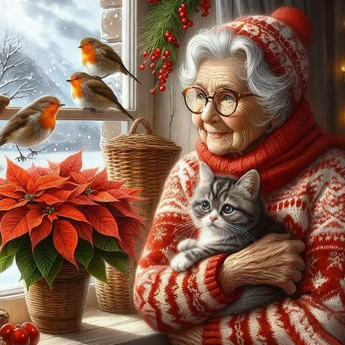 Grandma Holding Cat On The Bed - Full 11CT Stamped Cross Stitch 45x45CM - Huacan