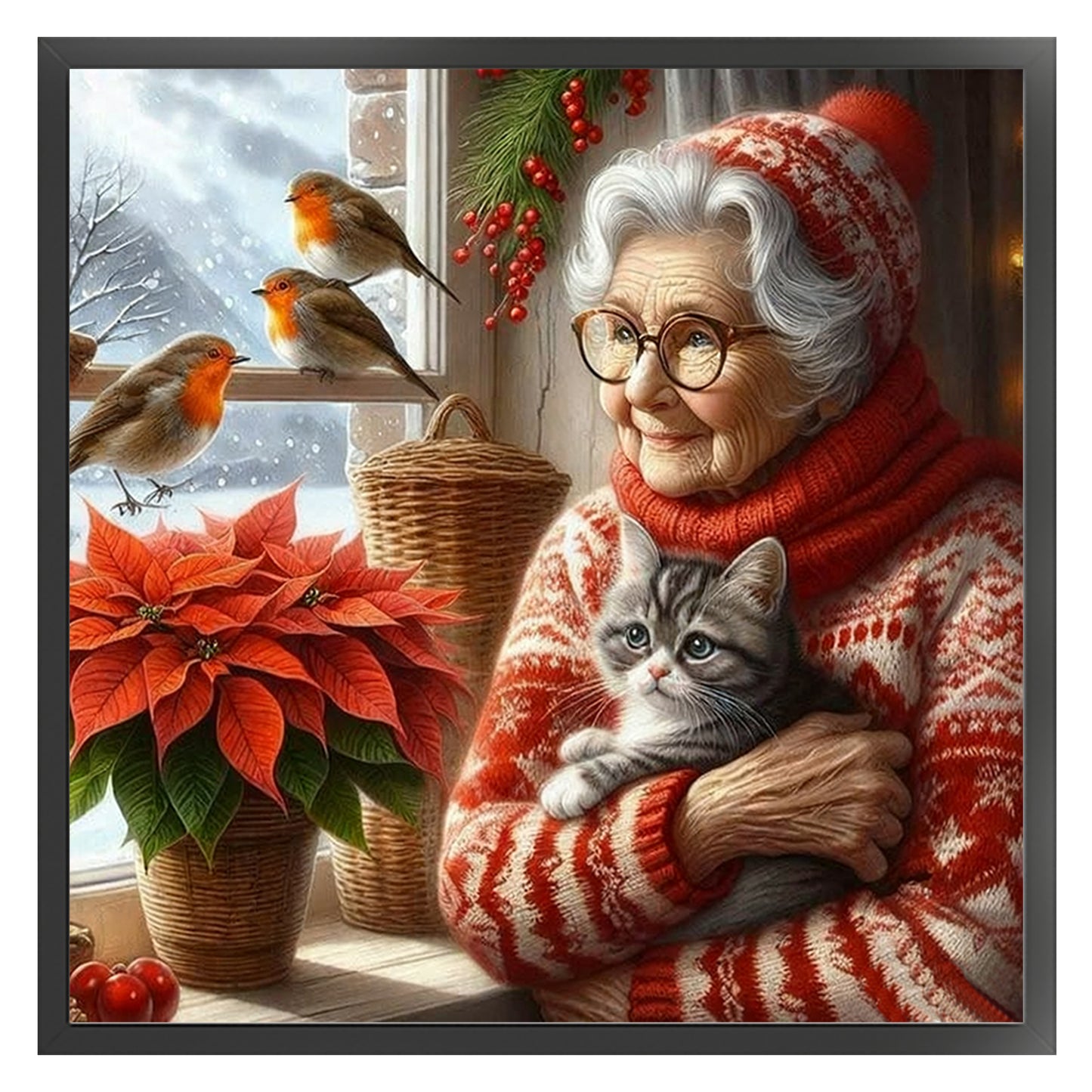 Grandma Holding Cat On The Bed - Full 11CT Stamped Cross Stitch 45x45CM - Huacan