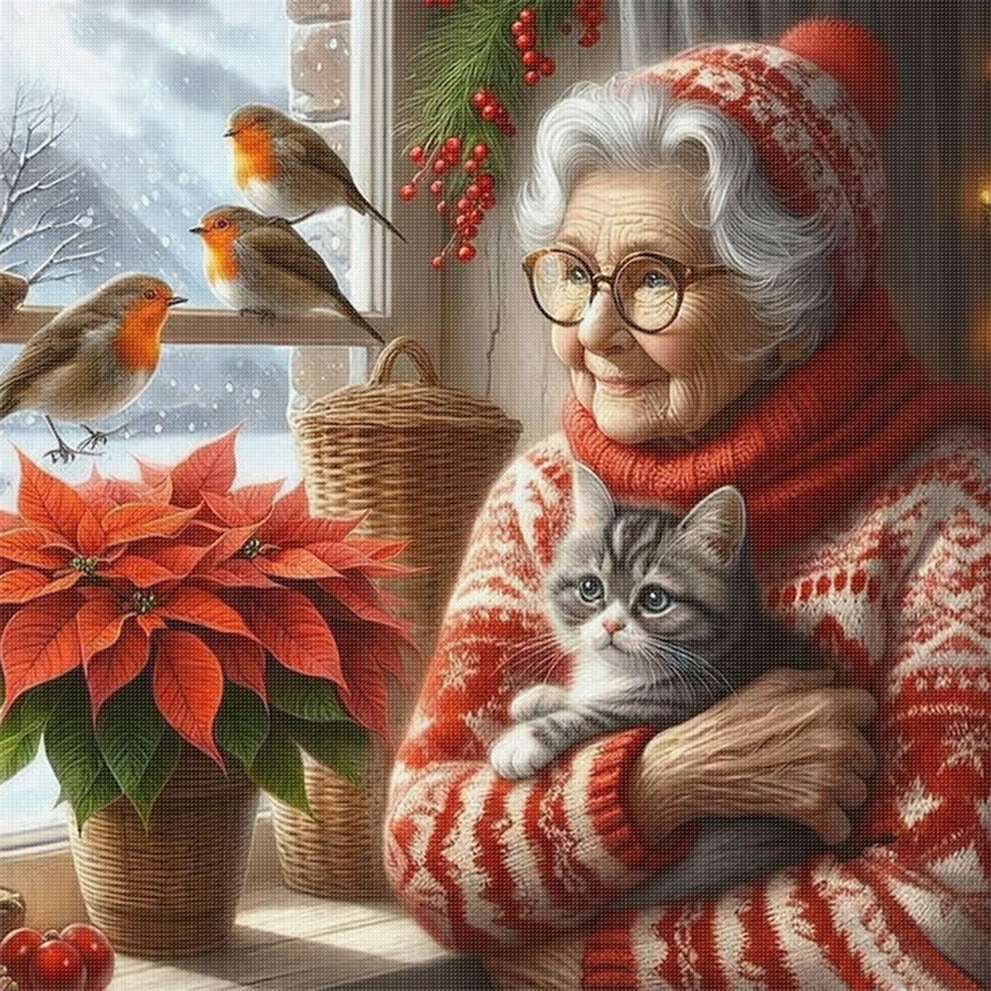 Grandma Holding Cat On The Bed - Full 11CT Stamped Cross Stitch 45x45CM - Huacan
