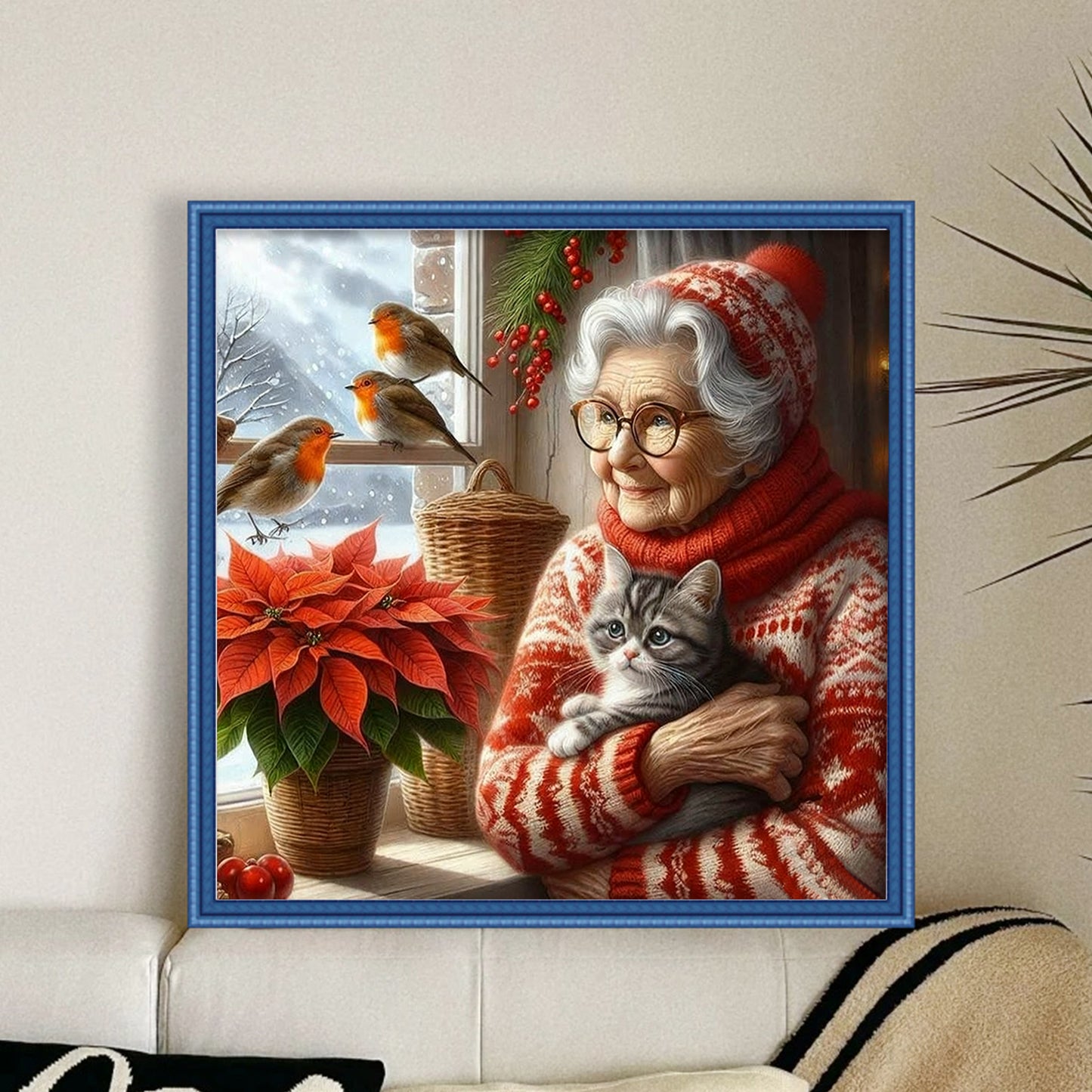 Grandma Holding Cat On The Bed - Full 11CT Stamped Cross Stitch 45x45CM - Huacan