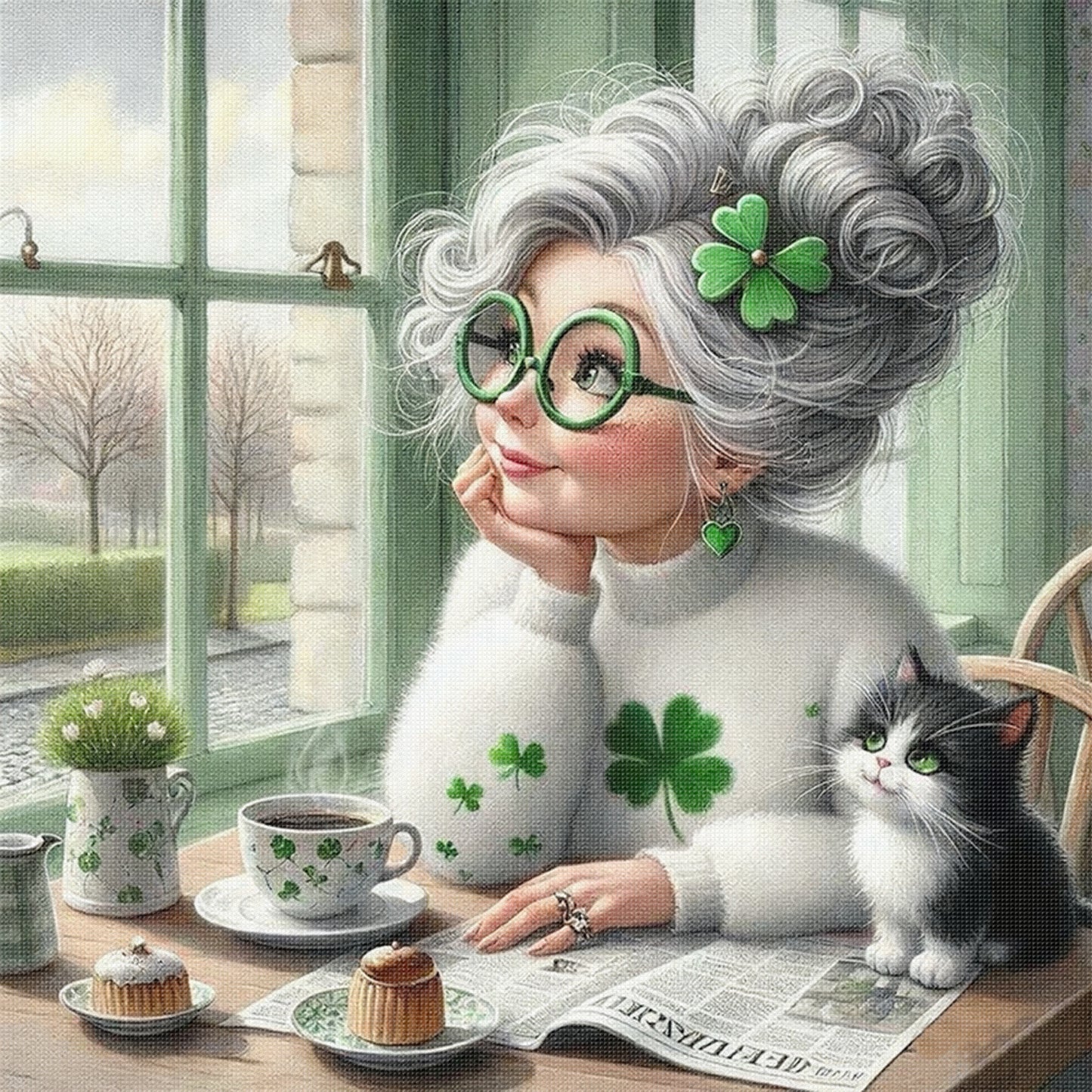 Grandma Looking Out The Window - Full 11CT Stamped Cross Stitch 45x45CM - Huacan