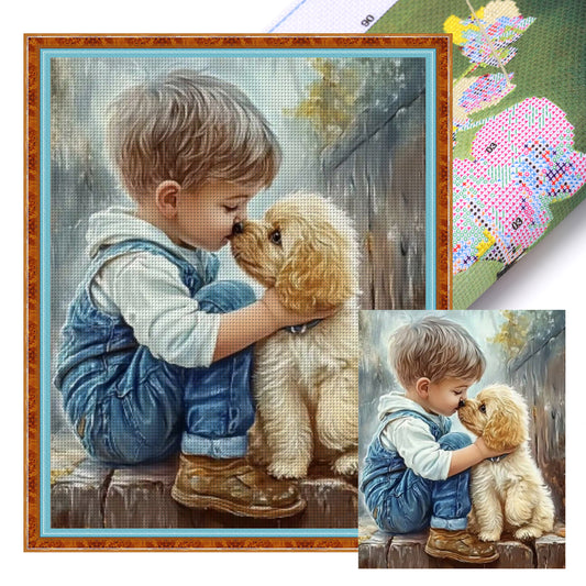 Boy Kissing Golden Retriever-Dog - Full 11CT Stamped Cross Stitch 40x50CM - Huacan