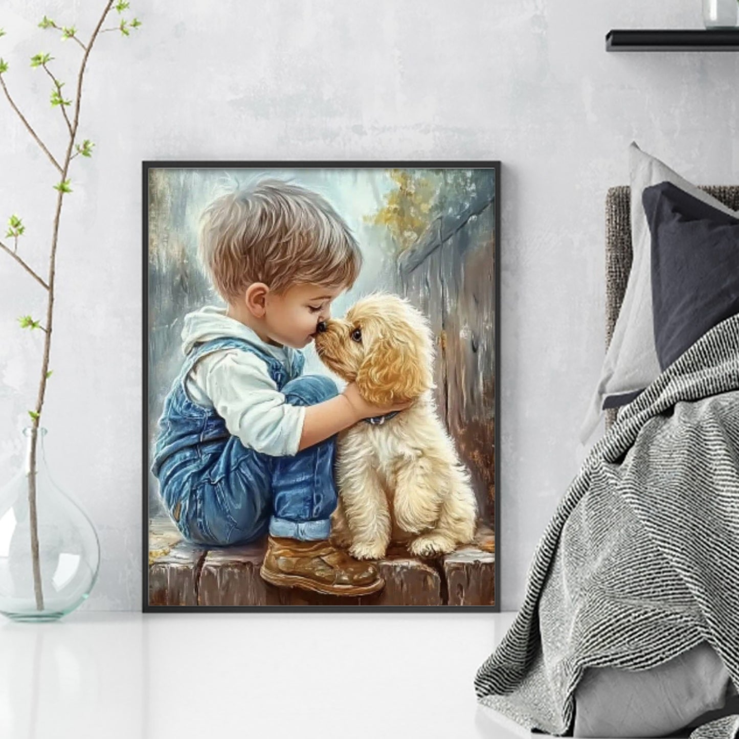 Boy Kissing Golden Retriever-Dog - Full 11CT Stamped Cross Stitch 40x50CM - Huacan