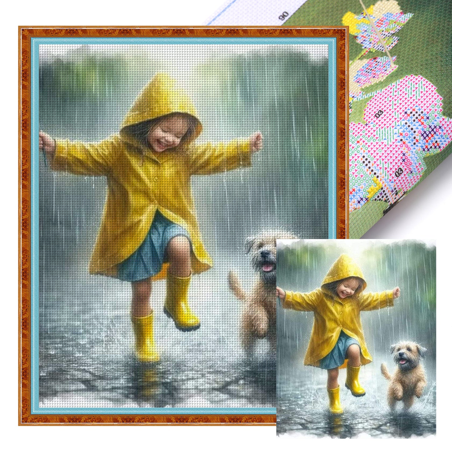 Girl And Dog In The Rain - Full 11CT Stamped Cross Stitch 40x50CM - Huacan