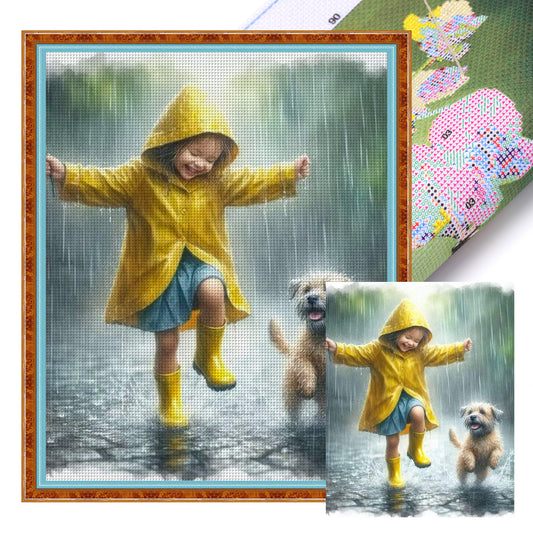 Girl And Dog In The Rain - Full 11CT Stamped Cross Stitch 40x50CM - Huacan