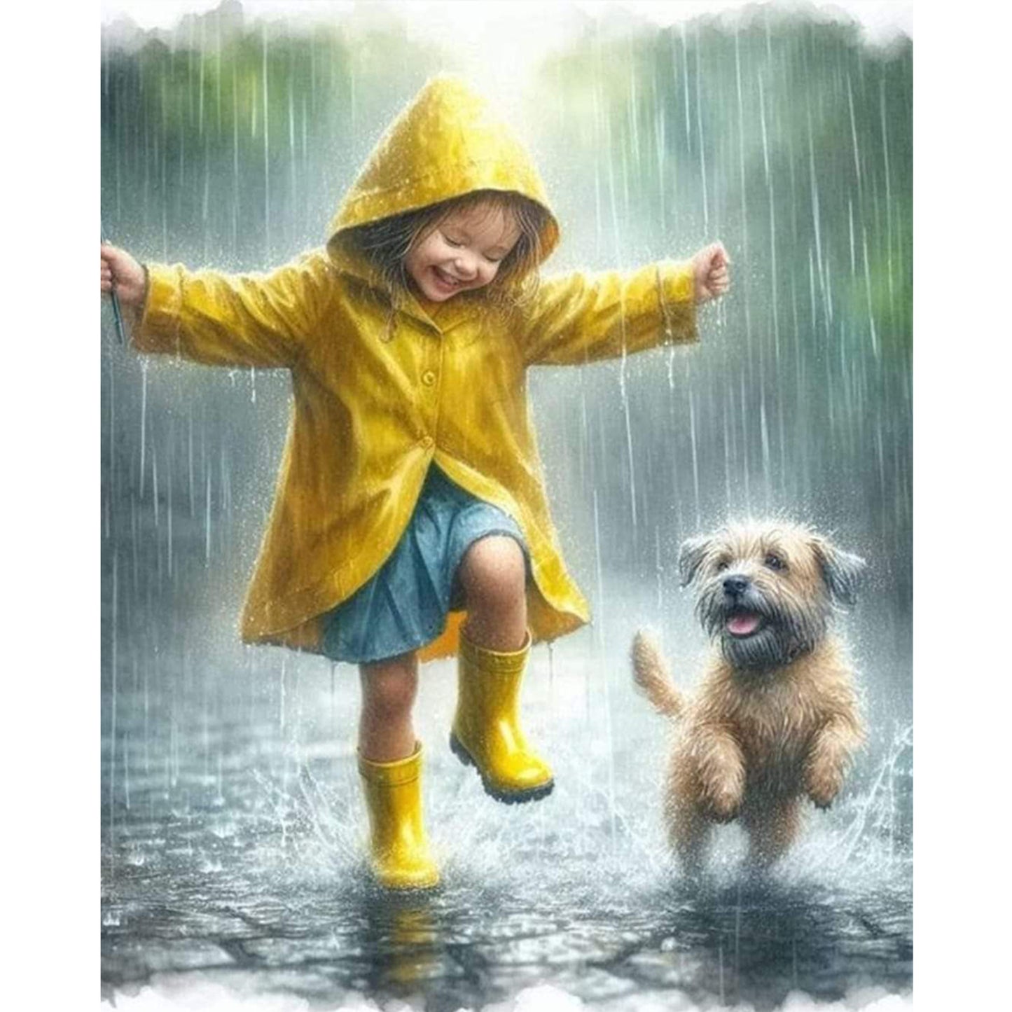 Girl And Dog In The Rain - Full 11CT Stamped Cross Stitch 40x50CM - Huacan