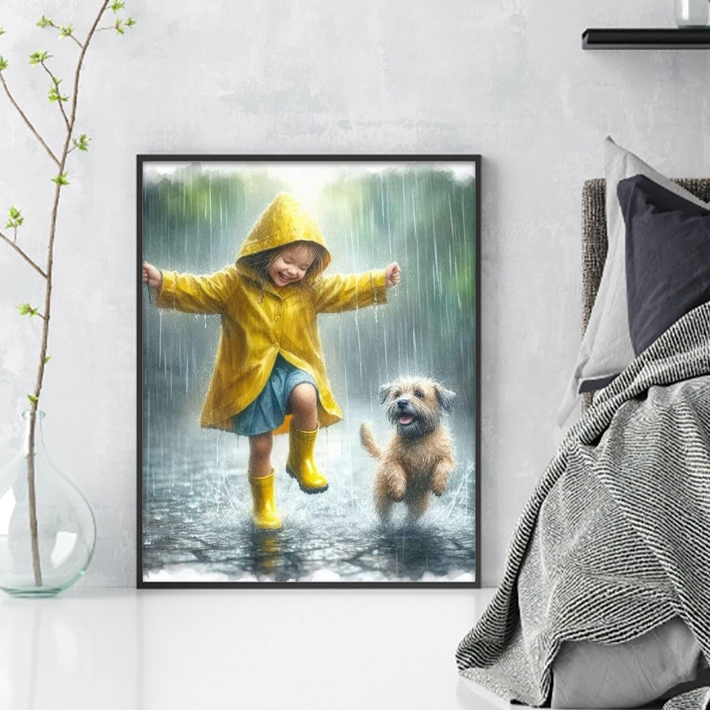Girl And Dog In The Rain - Full 11CT Stamped Cross Stitch 40x50CM - Huacan