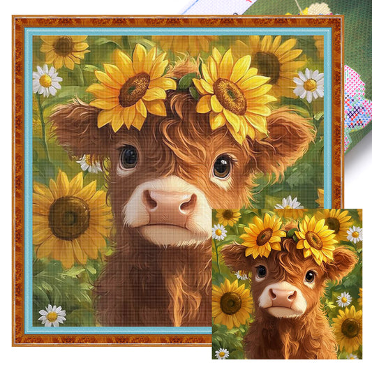 Sunflower Yak - Full 11CT Stamped Cross Stitch 40x40CM - Huacan