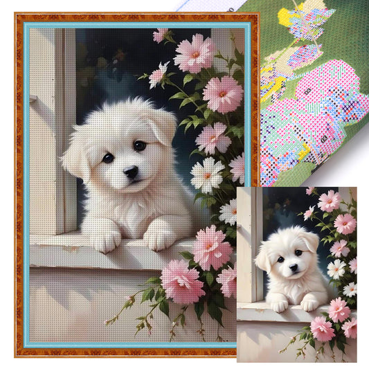 Flower Dog - Full 11CT Stamped Cross Stitch 40x60CM - Huacan