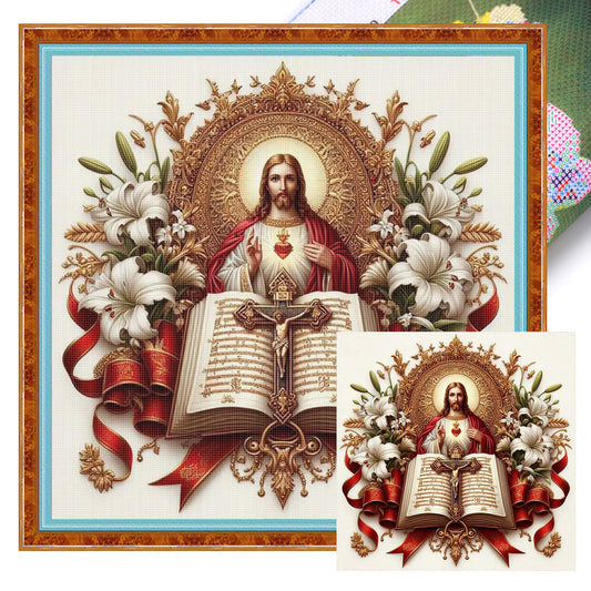 Jesus And Bible - Full 11CT Stamped Cross Stitch 45x45CM - Huacan