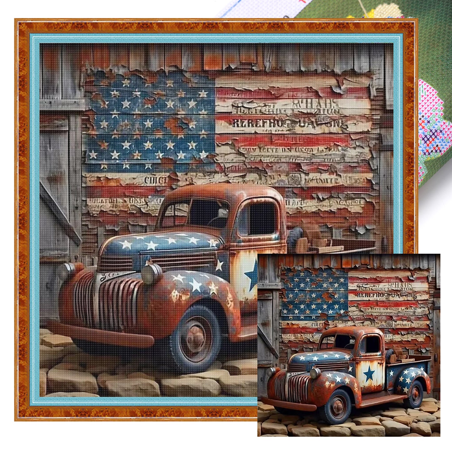Truck With American Flag - Full 11CT Stamped Cross Stitch 40x40CM - Huacan