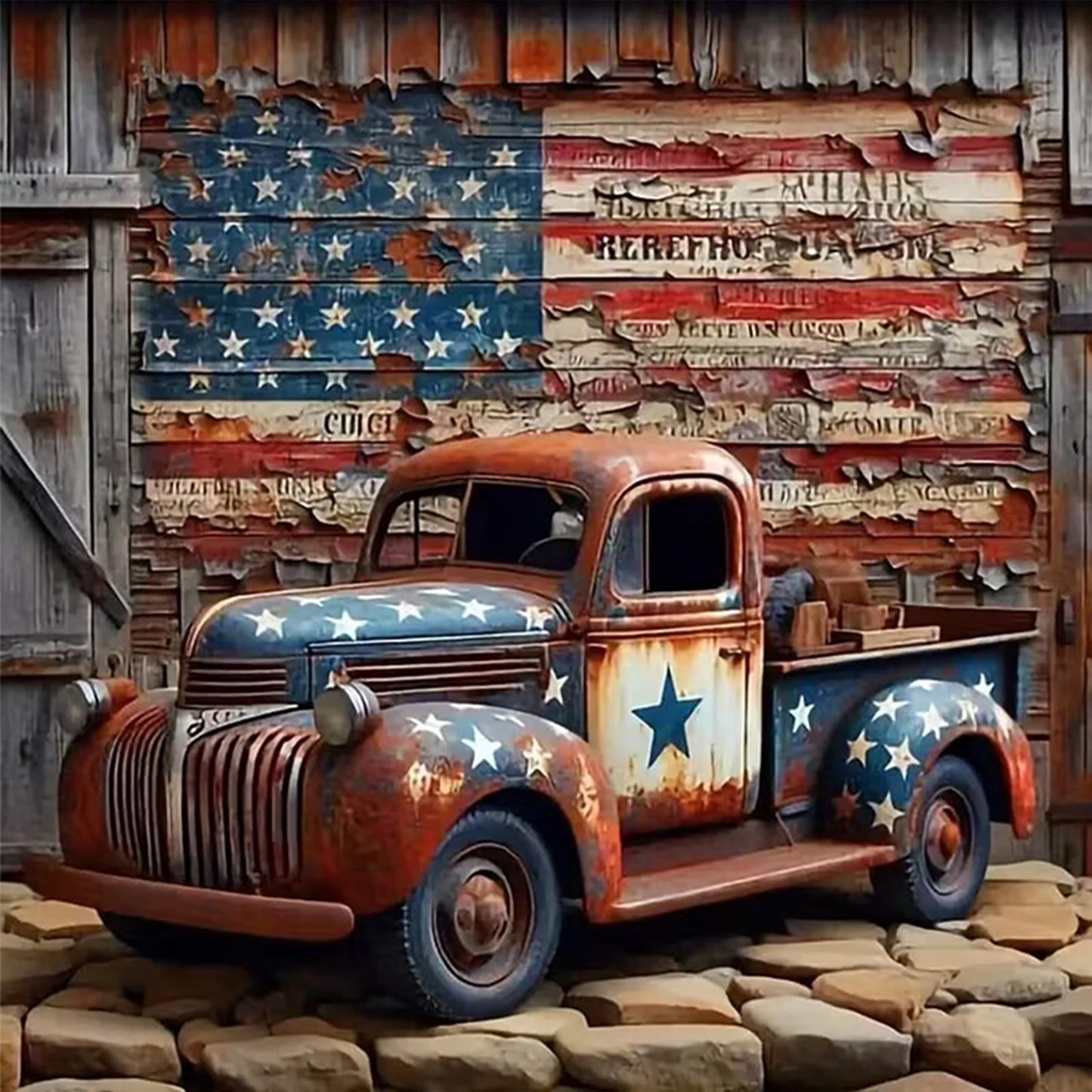 Truck With American Flag - Full 11CT Stamped Cross Stitch 40x40CM - Huacan
