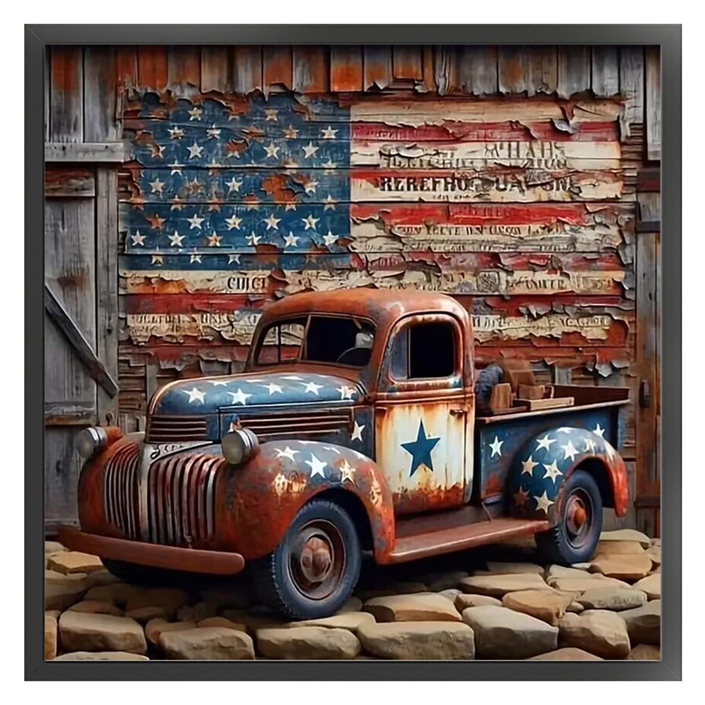 Truck With American Flag - Full 11CT Stamped Cross Stitch 40x40CM - Huacan