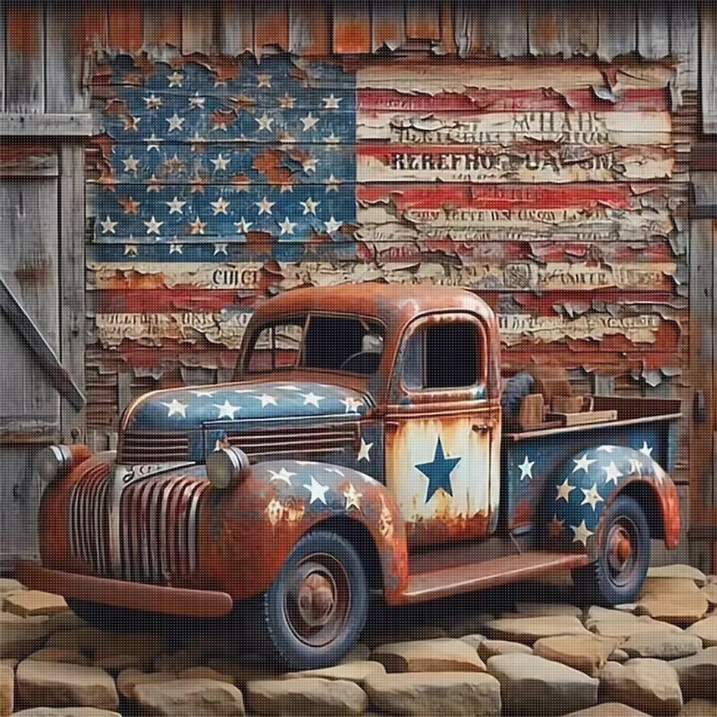 Truck With American Flag - Full 11CT Stamped Cross Stitch 40x40CM - Huacan