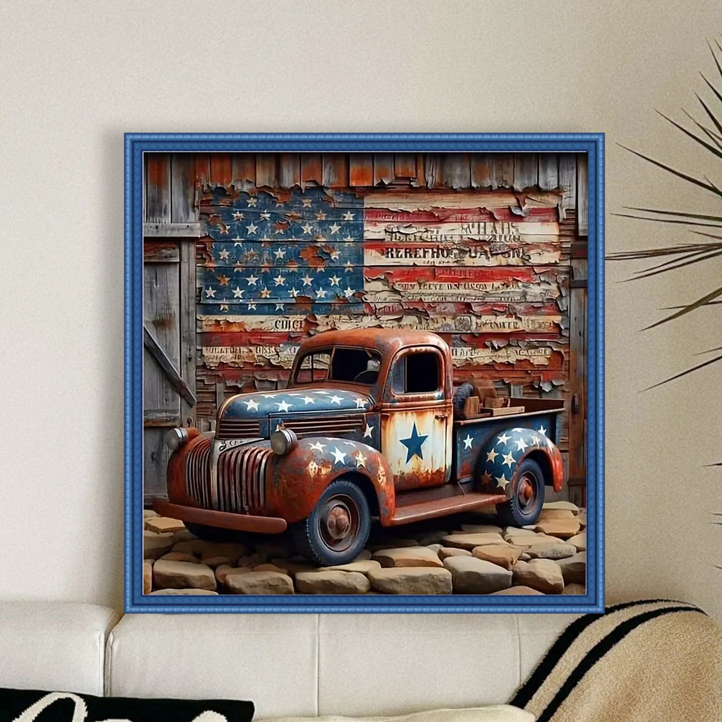 Truck With American Flag - Full 11CT Stamped Cross Stitch 40x40CM - Huacan