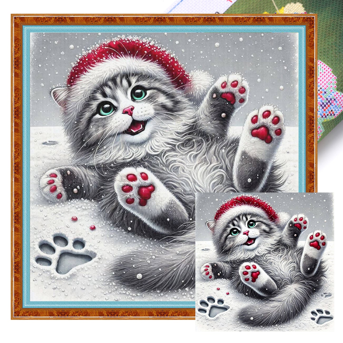 Christmas Cat - Full 11CT Stamped Cross Stitch 40x40CM - Huacan