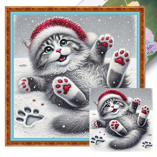 Christmas Cat - Full 11CT Stamped Cross Stitch 40x40CM - Huacan