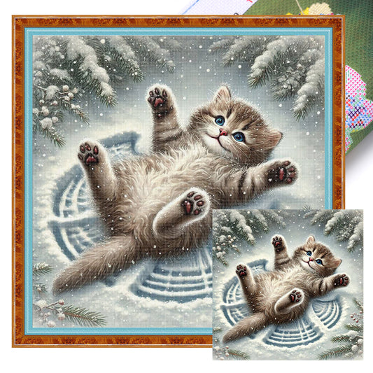 Cat In Snow - Full 11CT Stamped Cross Stitch 40x40CM - Huacan