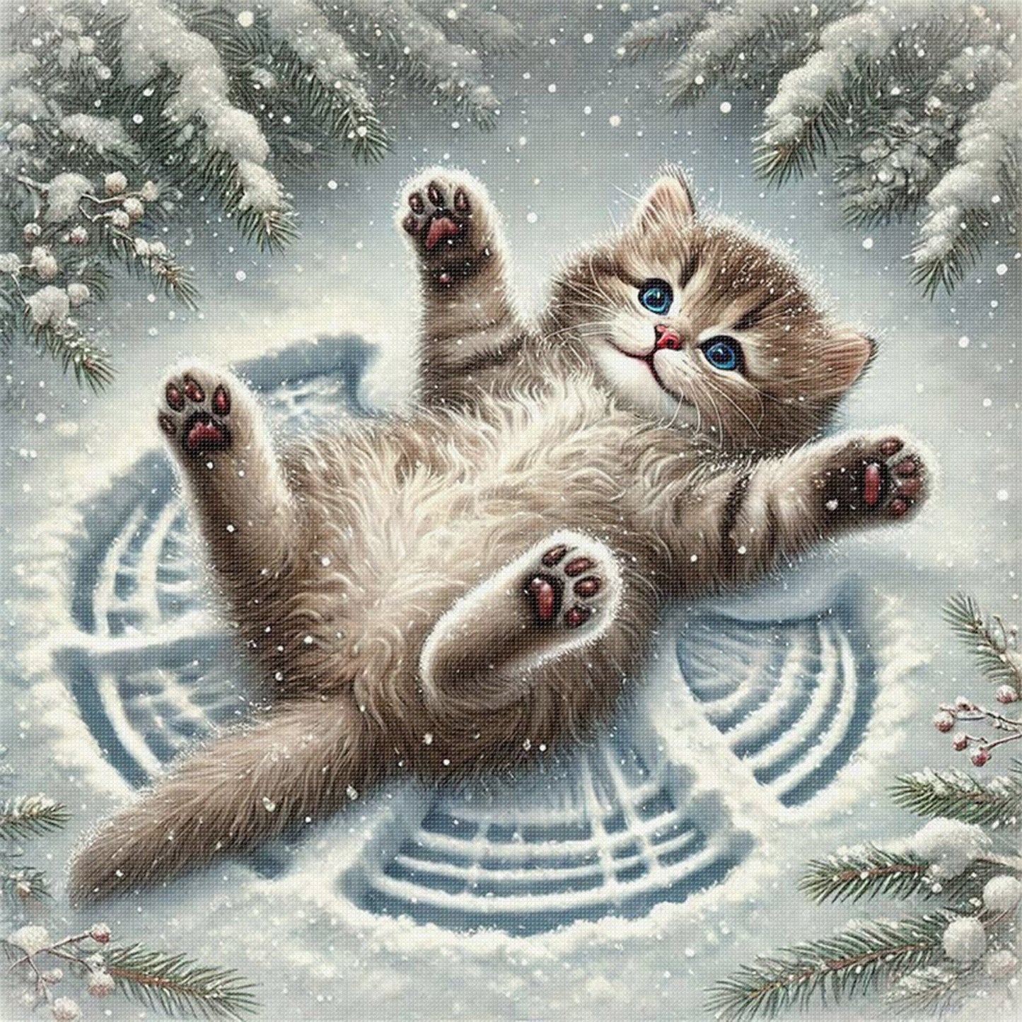 Cat In Snow - Full 11CT Stamped Cross Stitch 40x40CM - Huacan