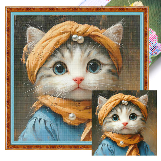 Cat With Headscarf - Full 11CT Stamped Cross Stitch 40x40CM - Huacan