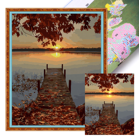 Autumn Wooden Bridge - Full 11CT Stamped Cross Stitch 40x50CM - Huacan