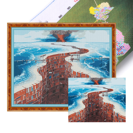 Bookshelf Ocean - Full 11CT Stamped Cross Stitch 50x40CM - Huacan