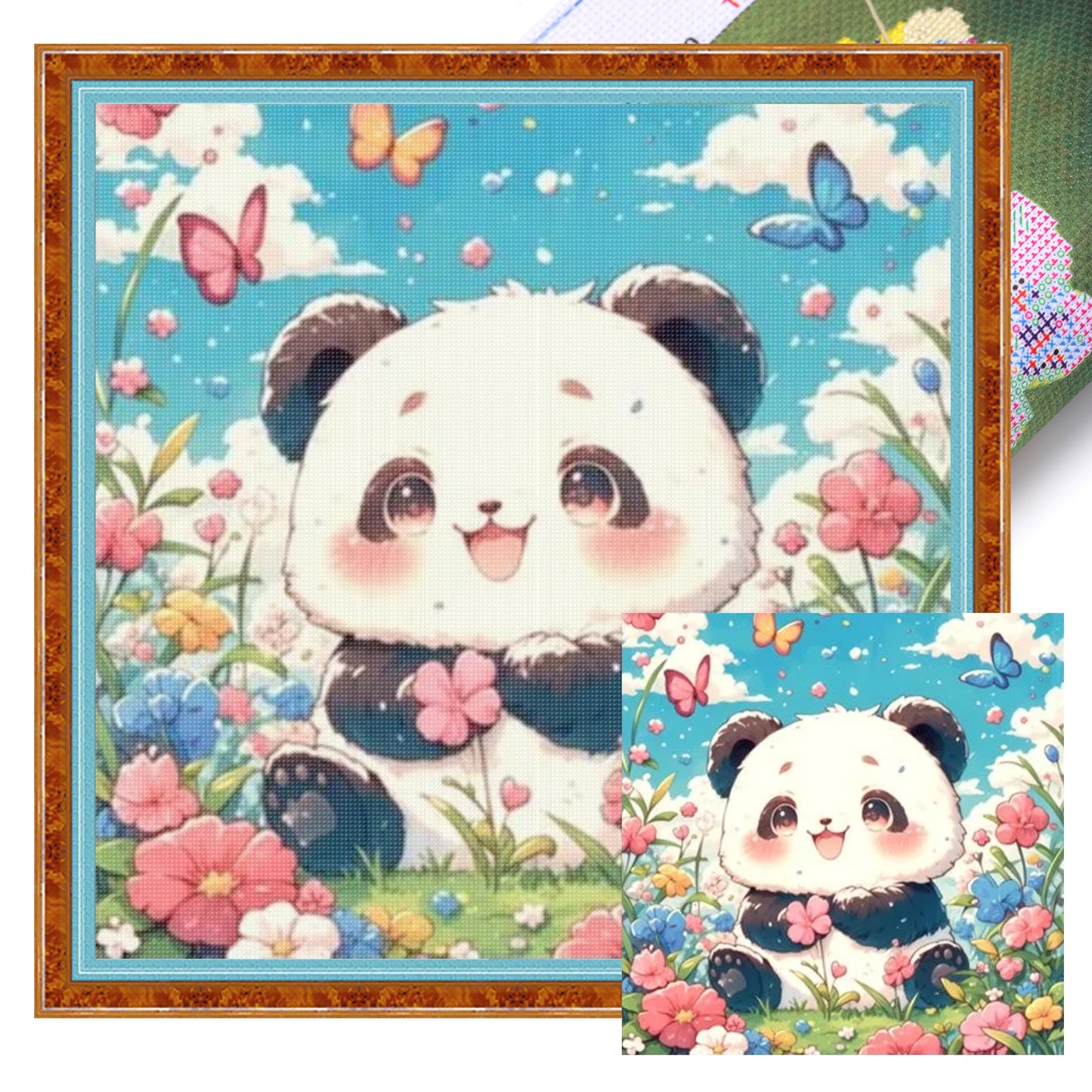 Flower And Grass Panda - Full 14CT Stamped Cross Stitch 50x50CM - Huacan