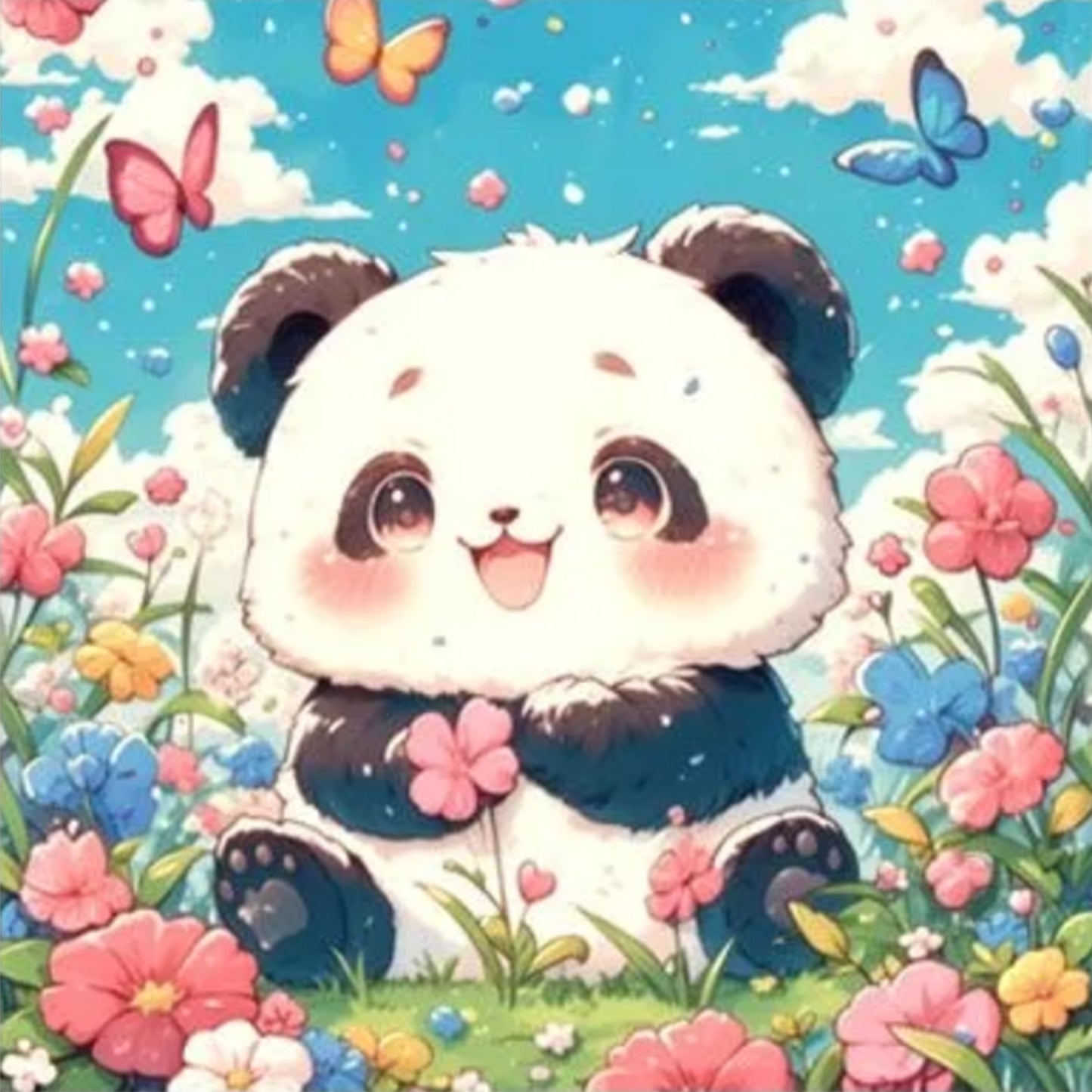 Flower And Grass Panda - Full 14CT Stamped Cross Stitch 50x50CM - Huacan